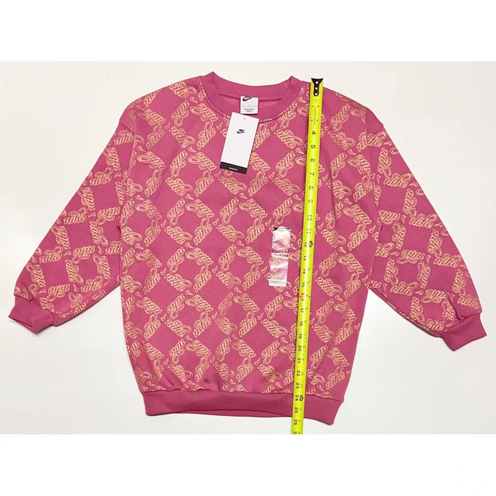 Nike Kids Oversized Fleece Crewneck Sweatshirt Pink Gold Script Logo HV0430-634
